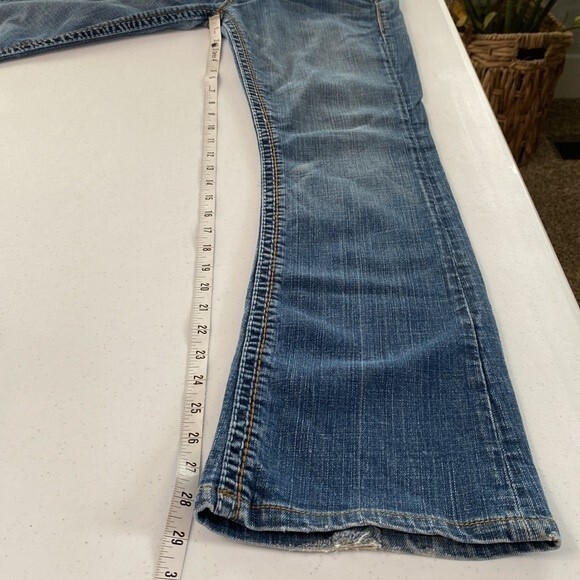 Blue Tattoo Low Rise Bootcut Distressed Jeans Big Stitch Embroidered Rose Logo - Picture 13 of 16